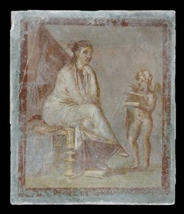 Vinheta emoldurada pintada em afresco em uma parede verde: Cupido revela o conteúdo de uma caixa dourada para uma mulher sentada, 65-75 dC de Roman